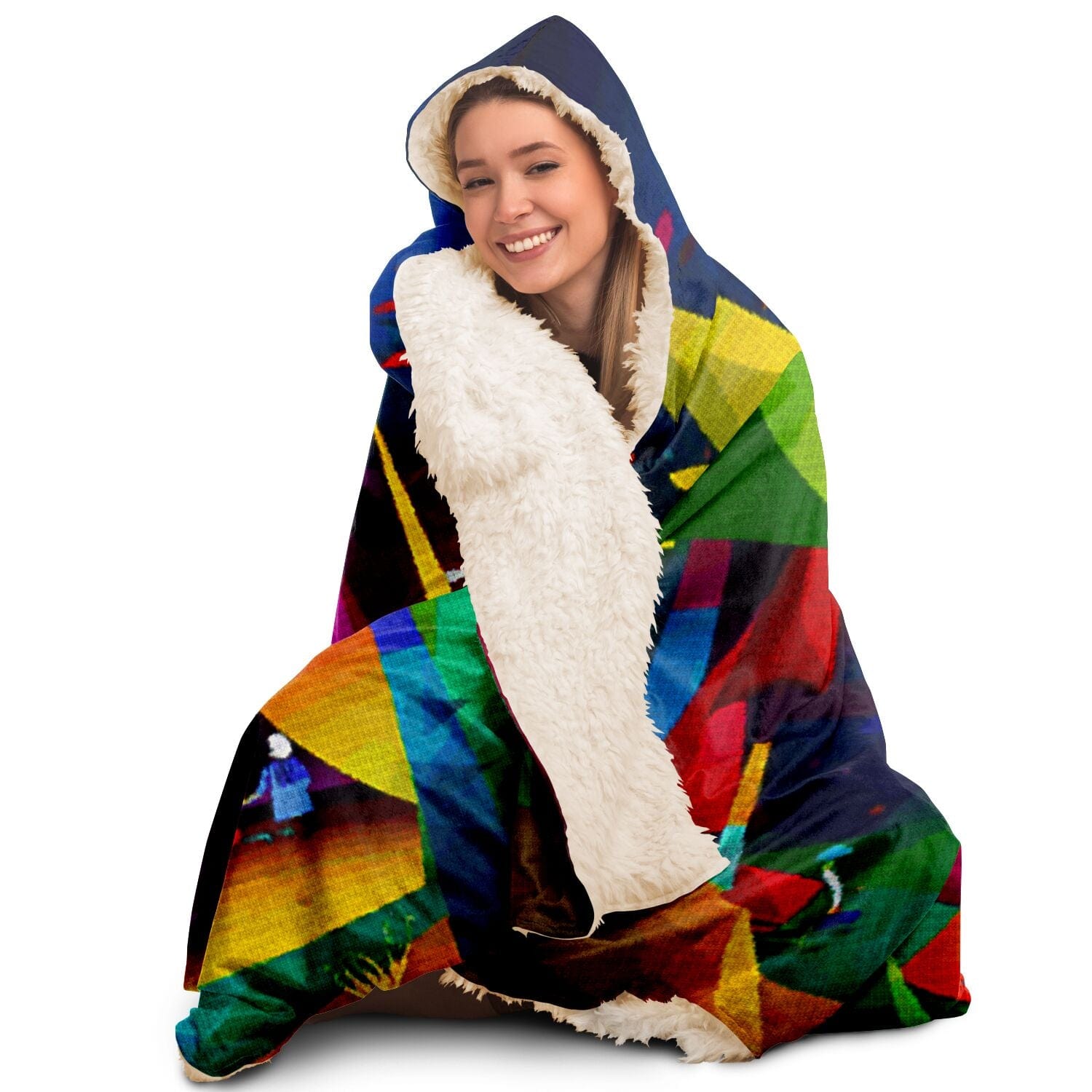 a girl wearing a Campers Cozy unisex adult/youth hooded blanket, showcasing its cozy design and practicality for outdoor use