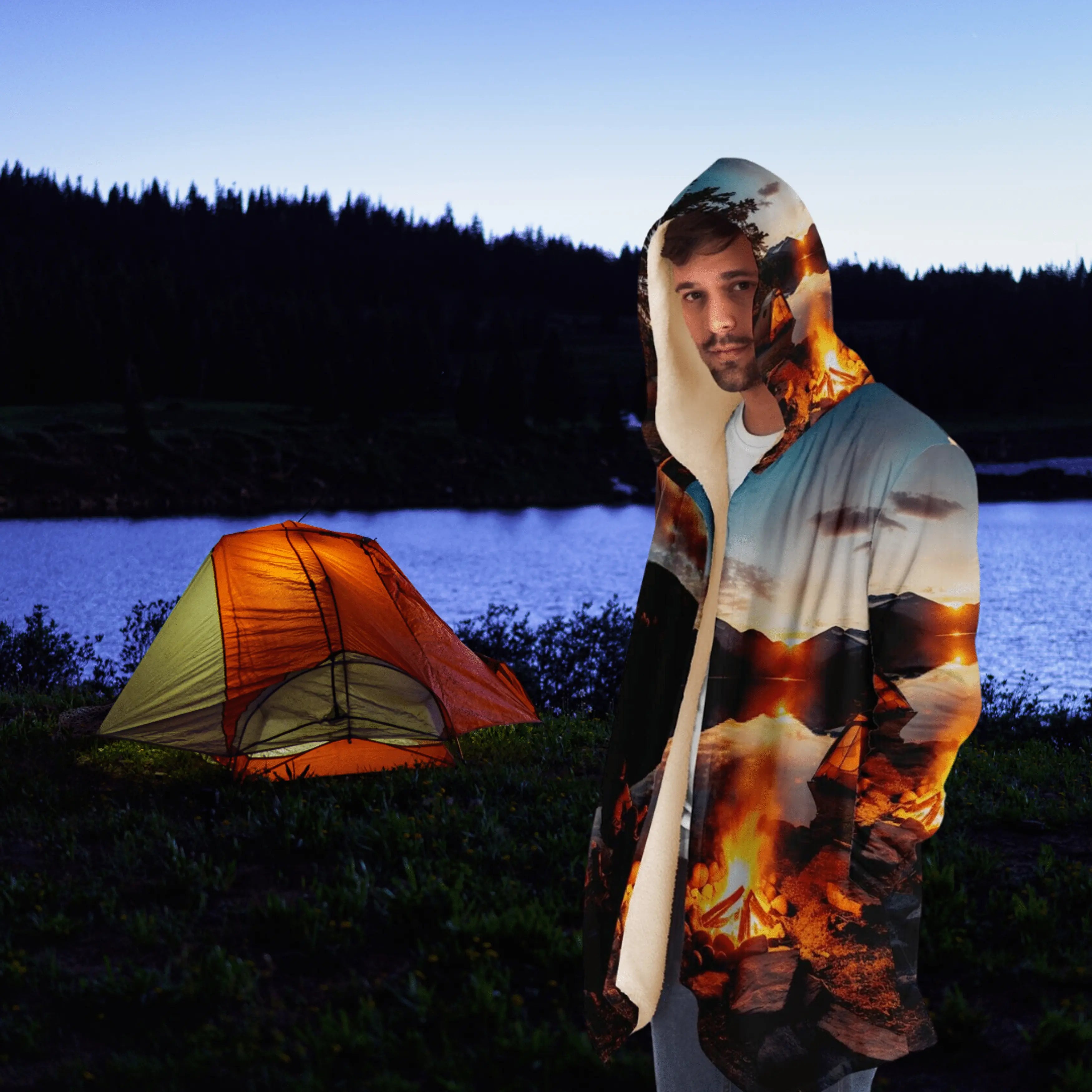 Campfire Patterned Unisex Luxurious Microfleece Cloak