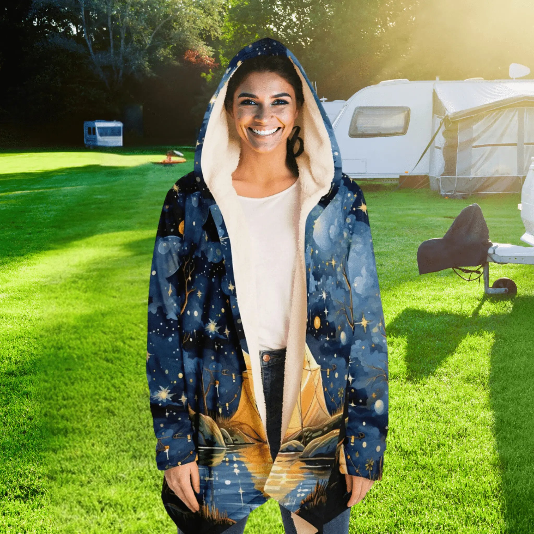 Camping Patterned Soft And Cozy Unisex Luxurious Microfleece Cloak